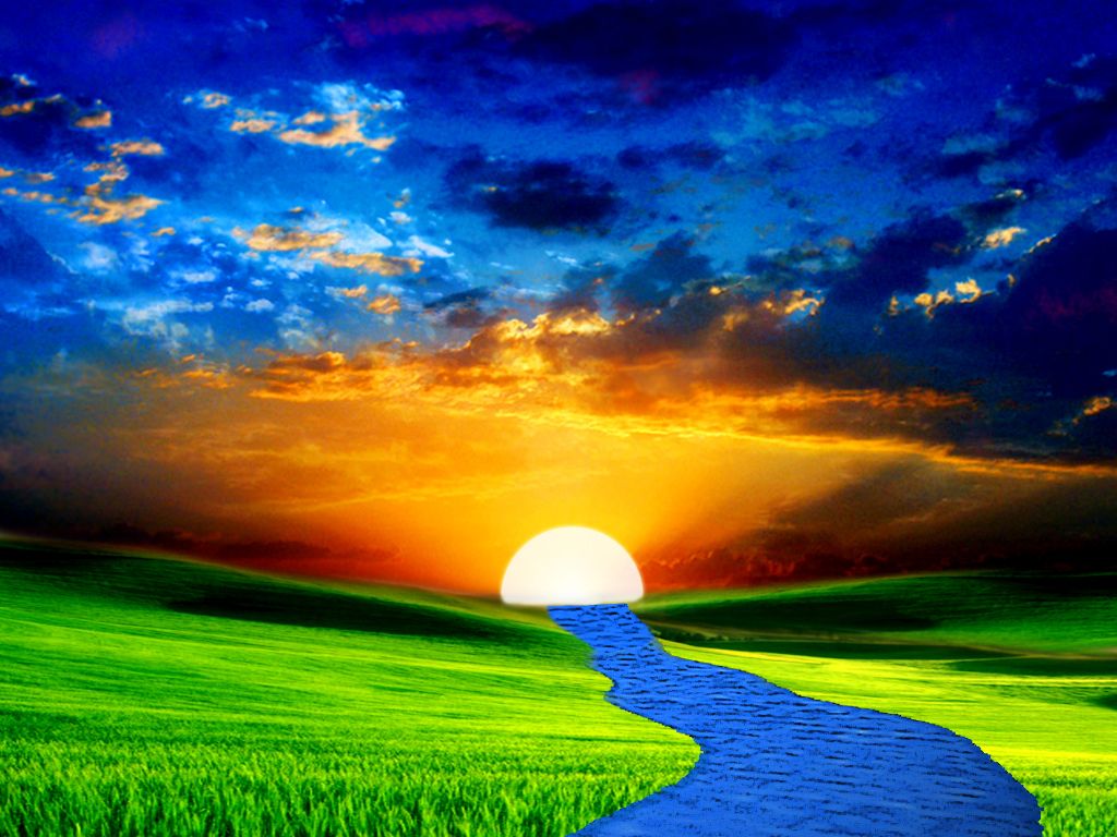 A painting of the sun setting over a green field.