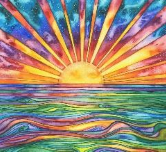 A painting of the sun setting over water.